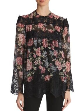 THE KOOPLES Lily Rose Lace Inset Black Floral Blouse Exposed Back Zipper Sz S